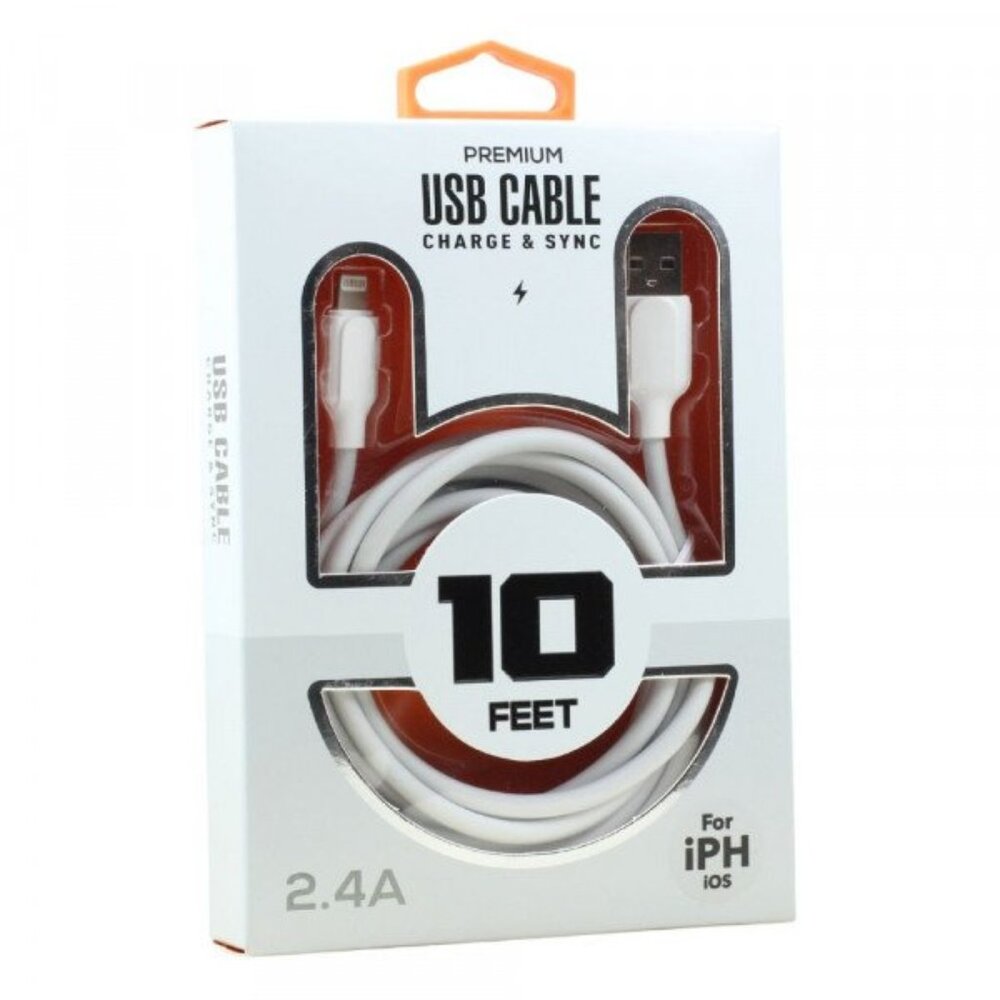 10 FT Lighting 2.4A Heavy Duty Strong Durable Charge and Sync USB Cable  (White)